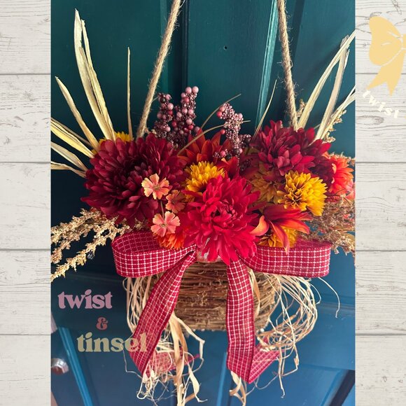 Handmade Basket Wreath with Faux Flowers & Beaded Ribbon: Year-Round Door Decor - Picture 3 of 5